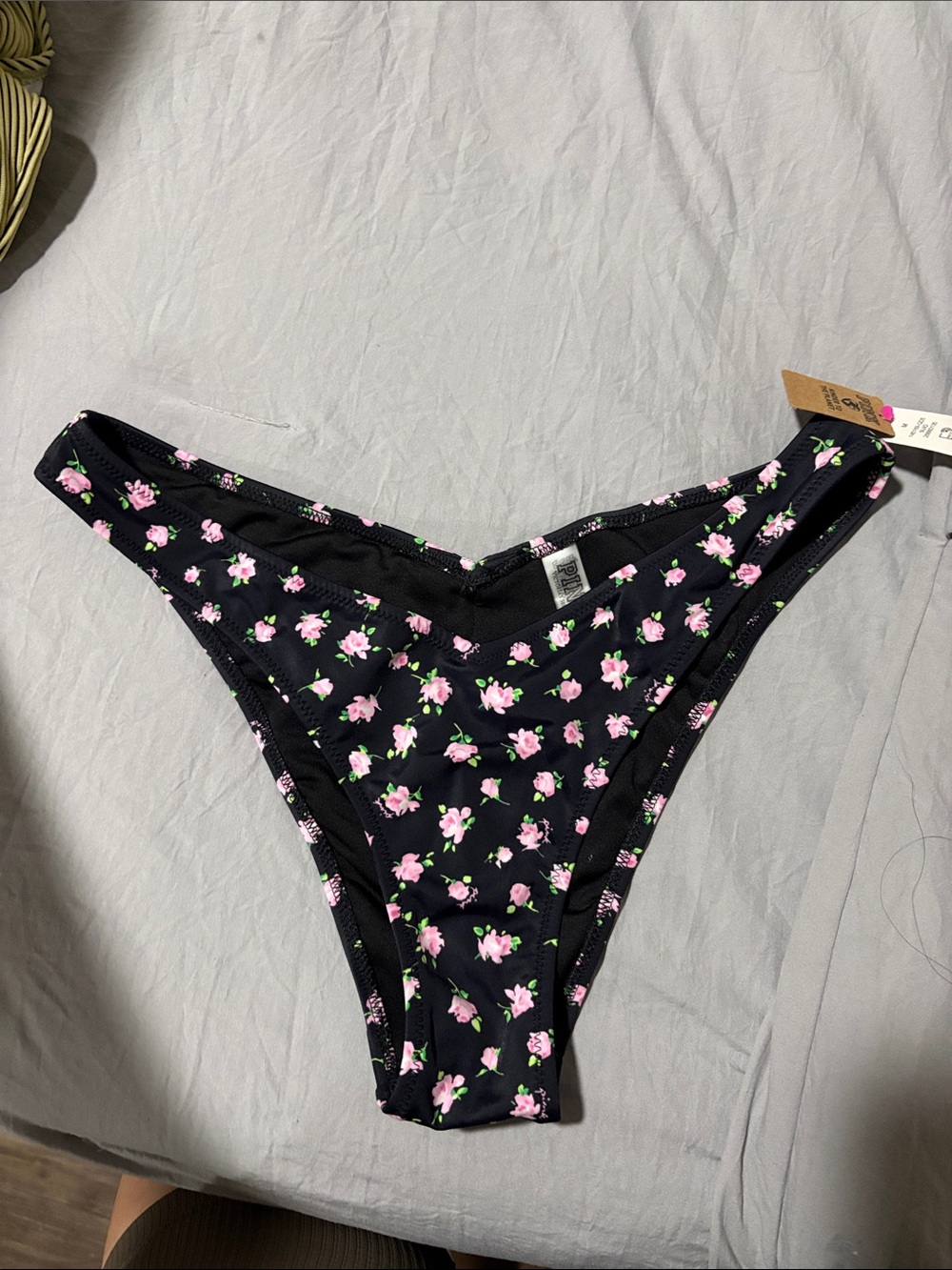 PINK Victoria's Secret Black Bikini Bottoms with Pink Rose Print